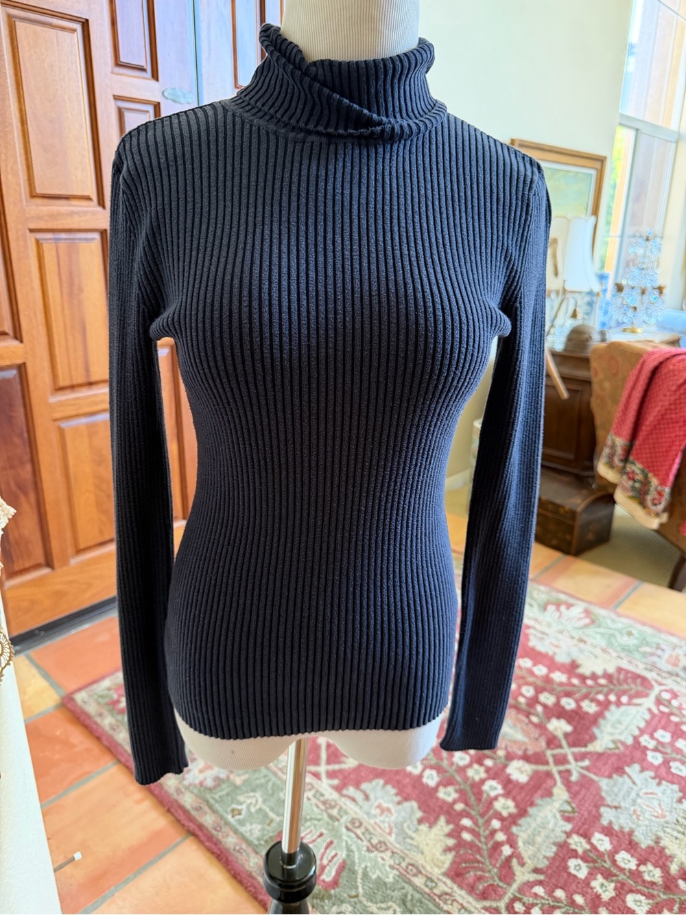 Chico's Sweater Women’s 0 Navy Ribbed Turtleneck Silk Blend Pullover Long Sleeve